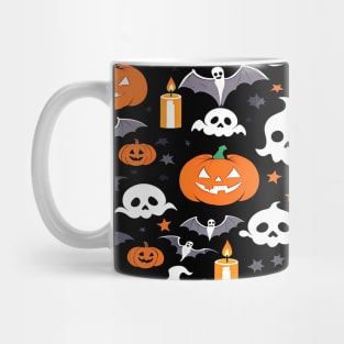 Spooky Seamless Halloween Pattern with Skulls, Ghosts, Pumpkins, Bats, and Candles Mug